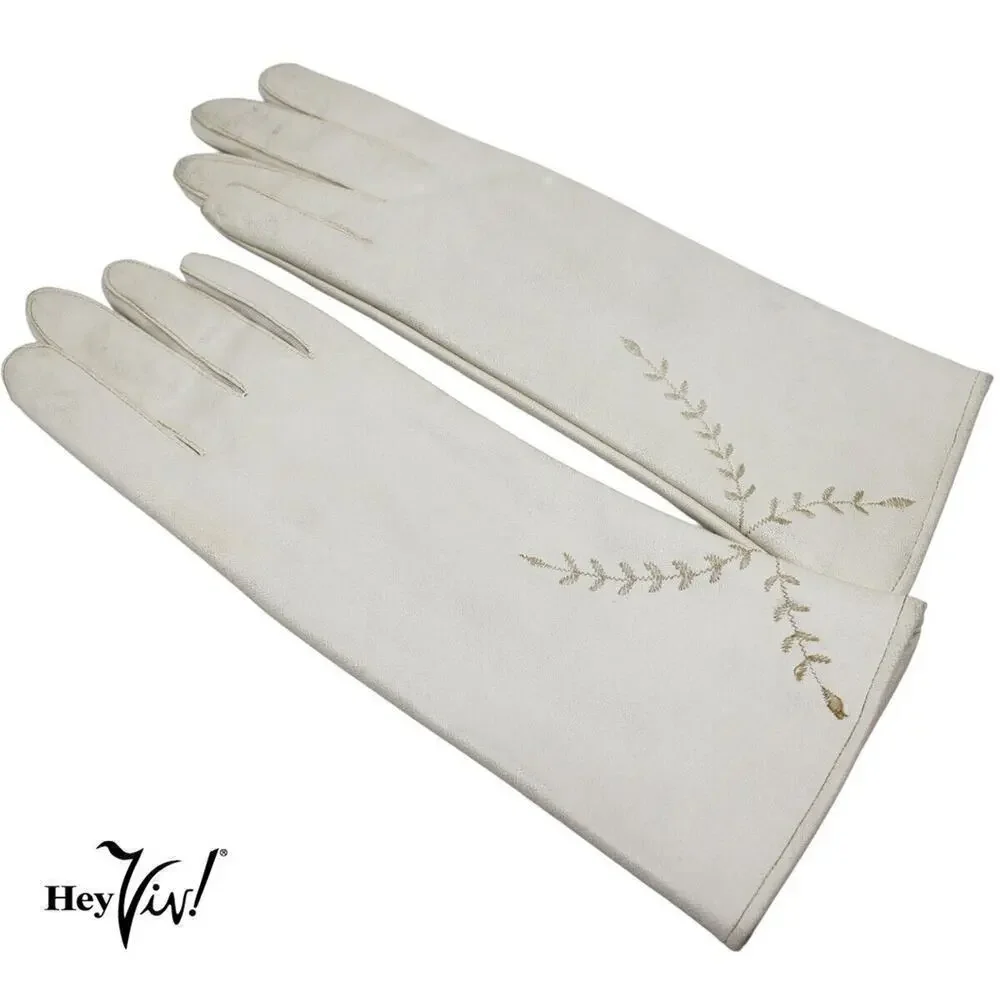 Vintage Ivory Max Mayer Embroidered Fashion Gloves Vinyl and Rayon Sz M -Hey Viv